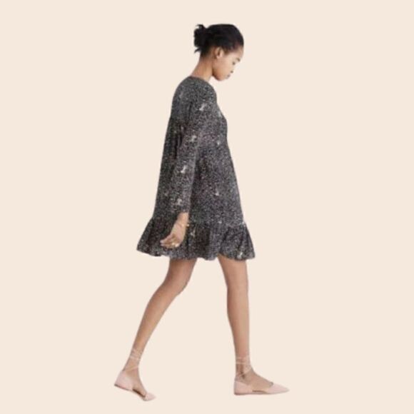 Madewell Black Printed Silk Fiesta Paisley Bell-Sleeve Mini Tunic Dress Size 2 - Picture 3 of 16